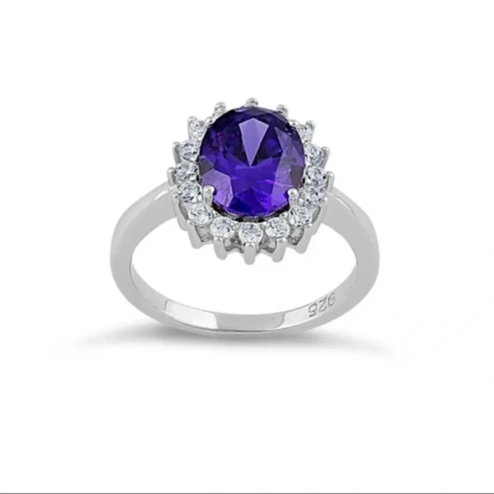 925 Sterling Silver Dark Purple Oval CZ Ring